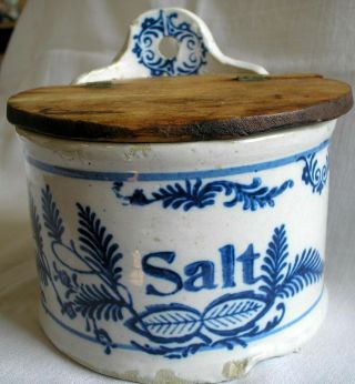 Antique Vintage Blue Salt Glazed Stoneware Stencil Wildflower Salt Crock Bowl