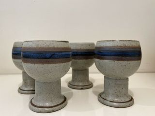 Otagiri Horizon Pottery Water Wine Goblet Set Of 4 Blue Brown Japan Vintage Mcm