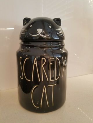 Rae Dunn Black Scaredy Cat Halloween Canister Ceramic Cookie Candy Jar