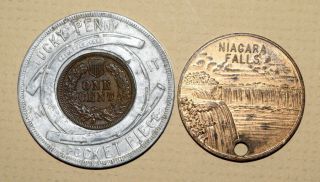 1901 PAN - AMERICAN Encased Indian Cent & NIAGARA FALLS Good Luck Token 2