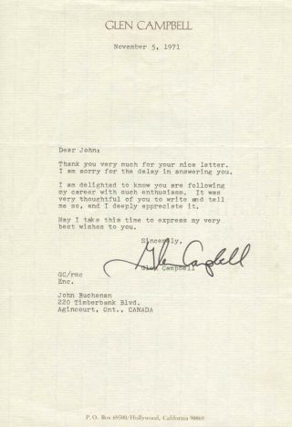 Glen Campbell - Typed Letter Signed 11/05/1971