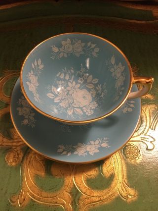 Aynsley Sky Blue Tea Cup And Saucer With White Roses