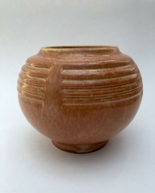 ROSEVILLE TOURMALINE ART DECO POTTERY Spherical Tan Vase 1933 Foil Label 2