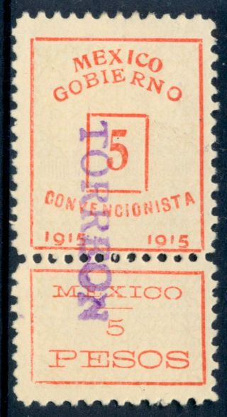 Bn92 Mexico Revenue Rv 64a 5$ 1915 Torreon Ovpt Est $5 - 10
