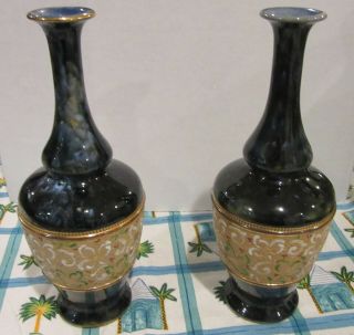 Pair Doulton Lambeth Slaters Gilt Cobalt Stoneware Bottleneck Vases 1895 9.  25 In