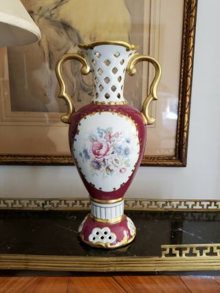 11.  5 " Tall Reticulated Royal Dux Vase - Bohemia Porcelain Pink Triangle Mark