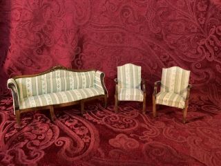 Dollhouse Sofa & 2 Chair Set Couch And 2 Chairs Wood And Fabric Sage Green White