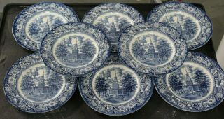 8 Staffordshire England Liberty Blue Dinner Plates Independence Hall