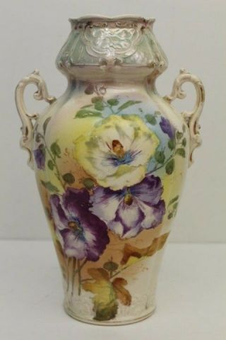Antique Royal Bonn Double Handled Vase With Painted Pink Flowers 10 " Tall