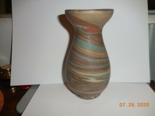 Vintage Niloak Mission Blue Brown Swirl Pottery Vase 5 5/8 " Tall Paper Label