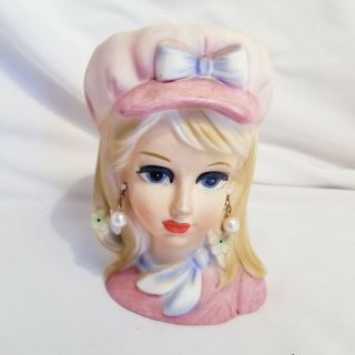 Vintage Lady Head Vase Teen 4155 Rubens Japan Pink 5 1/2 " Earrings