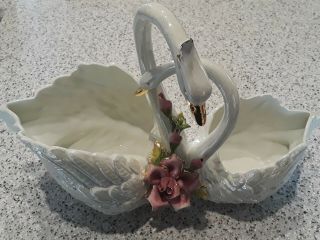 Vintage Capodimonte Porcelain Double Swan Planter With Roses Made In Italy