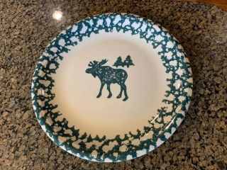 Set Of 9 Tienshan Folk Craft Moose Country Green Sponge 10 1/2 " Dinner Plates