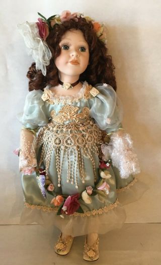 Auburn Haired Porcelain Doll In Beautifully Detailed Dress Trimmed W/ Lace/flwrs