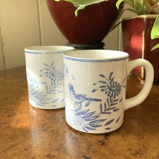 Gien Oiseau Bleu Mugs Blue And Ivory Smooth Handle Set Of 2