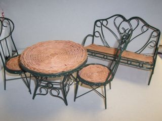 Wicker & Metal Doll Furniture 1/6 Scale Round Table,  2 Chairs & Bench