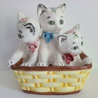 Vintage Mid - Century Italian Ceramic Cats Kittens In Basket Sculpture Figurine