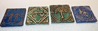 (4) Mercer Moravian Pottery & Tile Art Tiles Bucks County Zodiac Bird Tree