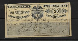 Colombia 1893 Insured Letter Cover 20 Cents Sc:g36 (s696)