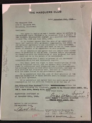 Ozzie And Harriet Nelson Autographed / Signed Contract.  Jsa Letter - Very Rare