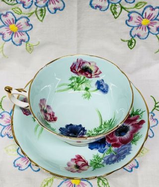 Vintage Paragon Bone China England Poppies Anemones Green Tea Cup & Saucer Set