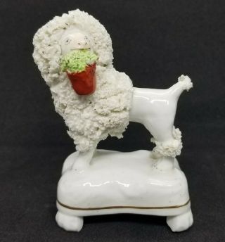 Antique Marked 3 - 5/8 " Staffordshire Poodle W/ Potted Plant In Mouth Dog Figurine