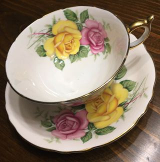 Vintage Paragon Tea Cup & Saucer Pink Yellow Roses Bone China England 1960 