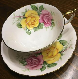 Vintage PARAGON Tea Cup & Saucer PINK Yellow ROSES Bone China England 1960 ' s 2