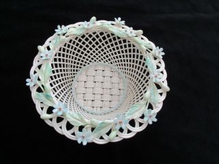 Belleek Open Weave Round Basket With Applied Flowers - 4 Strand