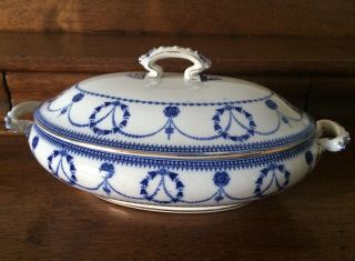 Antique Crescent Ware Flow Blue Durham Pattern Tureen Serving Dish With Lid