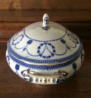 Antique Crescent Ware Flow Blue DURHAM Pattern Tureen Serving Dish with Lid 2