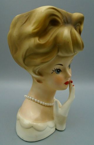 Vintage Lefton 1950 ' s Blonde Lady Head Vase Faux Pearls Hand Up 2
