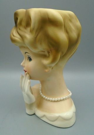 Vintage Lefton 1950 ' s Blonde Lady Head Vase Faux Pearls Hand Up 3