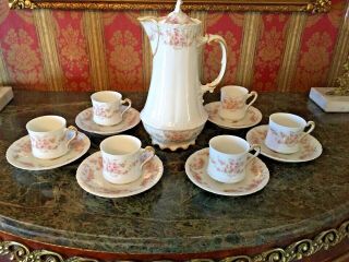 Gorgeous Antique Limoges Chocolate Set Of Pink Floral Chocolate Pot With 6 Cups