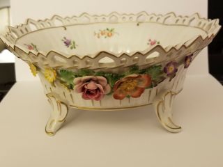 Vintage Von Schierholz Porcelain Pierced Footed Centerpiece Bowl Applied Flowers