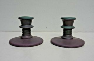 Pair Muncie Art Pottery Matte Green & Lilac Glaze Candlestick Holders