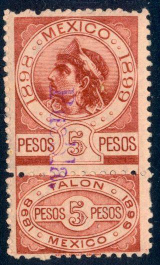 Bs46 Mexico Revenue R 172a 5$ 1898 - 99 Puebla Ovpt Est $5 - 10 Stamp