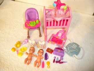 Vtg Barbie 1985 Babies Crib Toys Blanket Diaper Bag Carrier Accesories