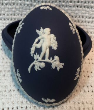 Vintage Wedgwood Jasperware Royal Portland Blue Egg Trinket Box Large 4 " England