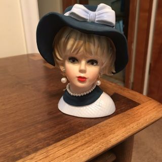 Vintage 1950s Napcoware Lady Head Vase Blonde Hair Blue Hat With Pearls