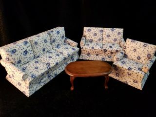 Dollhouse Miniature Living Room Set Couch,  Chair,  Ottoman & Table Floral Pattern