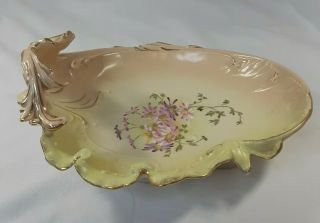 Robert Hanke Fluted Leaf Dish Bowl Pink Yellow Flowers Handle Made In Austria