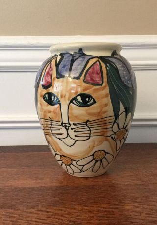 Cindy Cynthia Jenkins Studio Pottery Ceramic Vase Cats.  Signed 8.  5x4.  5 "