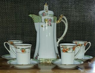 Antique Hand Painted Nippon Chocolate Pot,  Set Of 4 Cups & Saucers 1911 - 1920