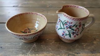 Nicholas Mosse Pottery 2.  75 " Red Blue Flower Sugar Bowl And Creamer