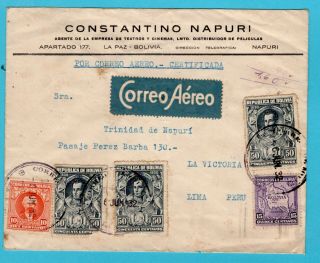 Bolivia Airmail Cover 1932 La Paz To Peru (1 Stamp With Torn Corner)