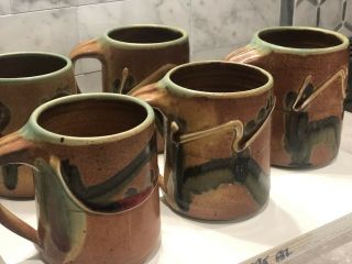 Vintage Signed Art Studio Hand Thrown Pottery Coffee Mugs Set Of 5 Drip Glaze