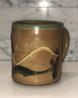 Vintage Signed Art Studio Hand Thrown Pottery Coffee Mugs Set of 5 Drip Glaze 3