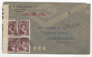 1940 Censored Air Mail Cover.  Buenos Aires To Liverpool Via York.
