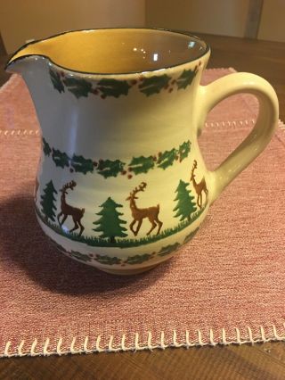 Nicholas Mosse Pottery Ireland 6 1/4” Pitcher Holiday Reindeer Tree Holly Great